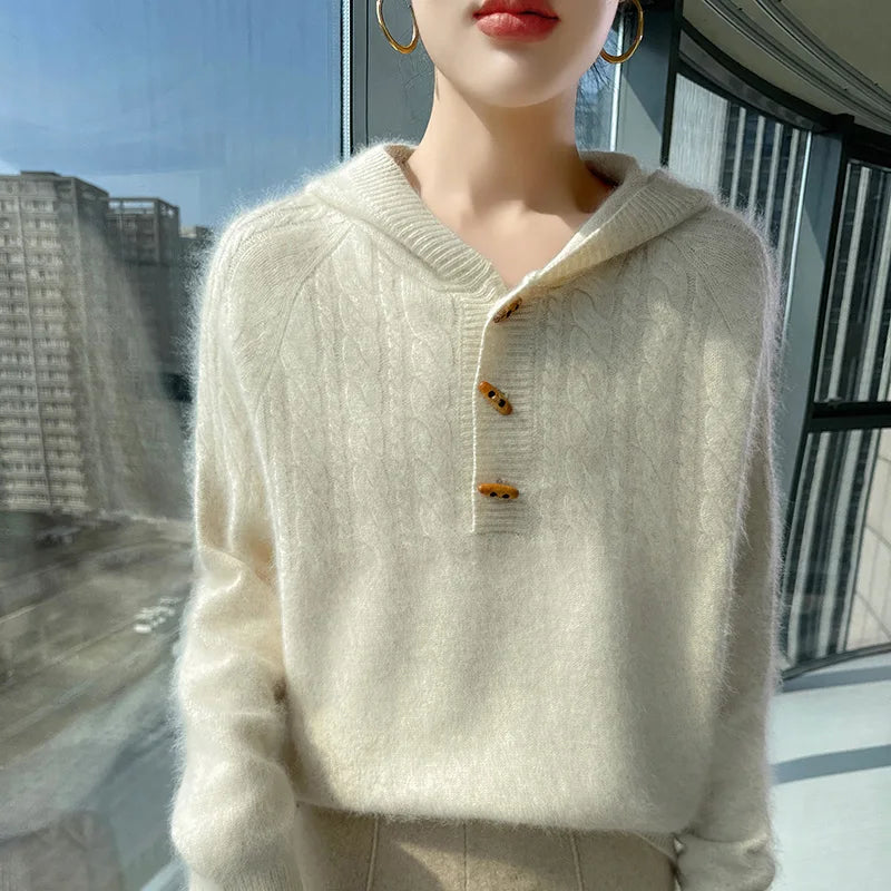 Chunky Knit Loose Hooded Pullover Sweater for Women