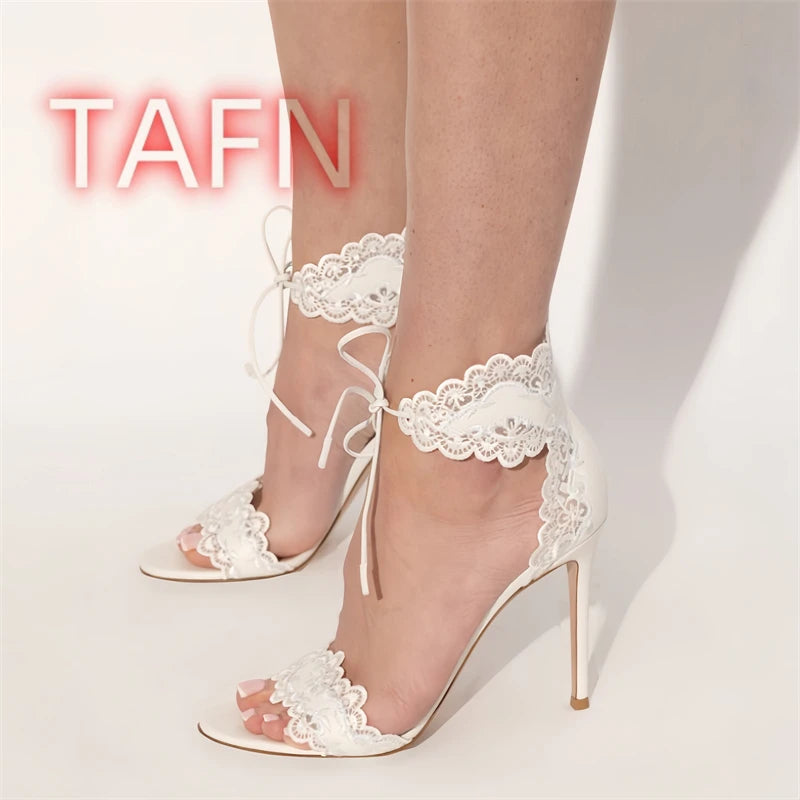 White Bridal Lace Up Open Toe Heeled Sandals for Women