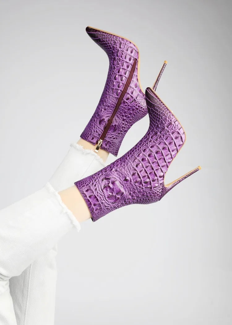 Purple Crocodile Stiletto Ankle Boots