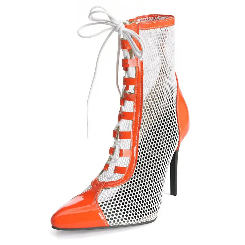 Breathable Mesh Pointy Toe Lace Up Thin Heel Ankle Boots for Women