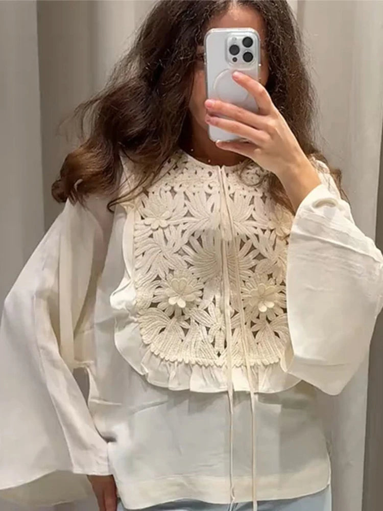 Floral Hollow Embroidery Mini Skirt Sets Women 2 Pieces Flare Sleeved Women Suit Casual Two Piece Set Summer Women Outfit