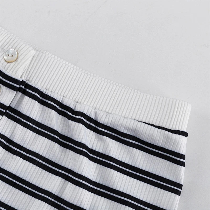 Striped Knit Top and Shorts Set with Button O Neck for Women