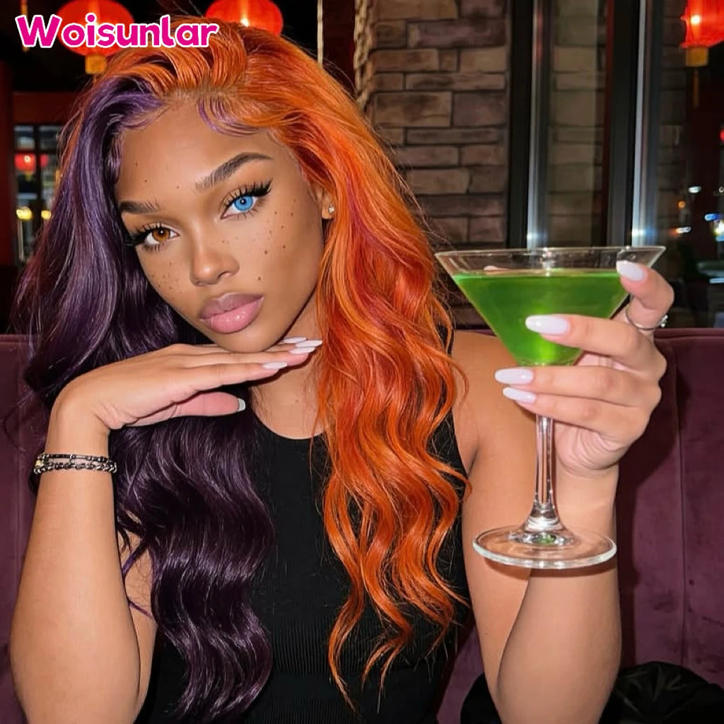 36 Inches Half Orange and Half Purple Lace Front Human Hair Wigs Body Wave Black Women13x4 Transparent Lace Natural Human Hair