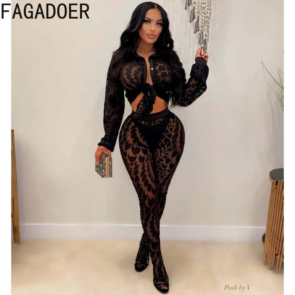 FAGADOER Autumn New Sexy Mesh See Through Woman 2 Piece Set Outfit Long Sleeve Crop Top and Pants Female Streetwear Clothing