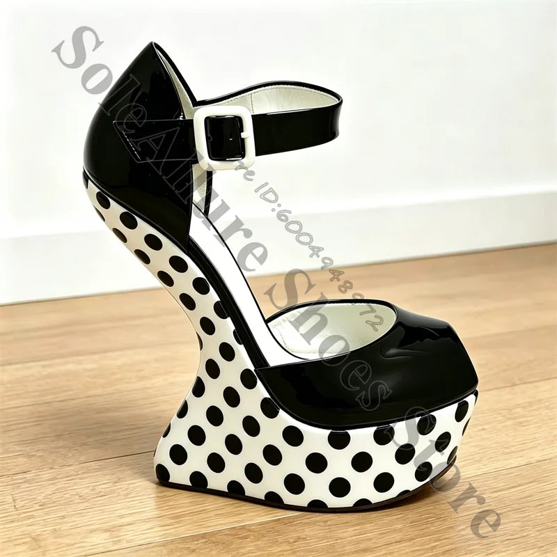 Glossy Polka Dot Buckle Strap Wedge Platform Sandals For Women