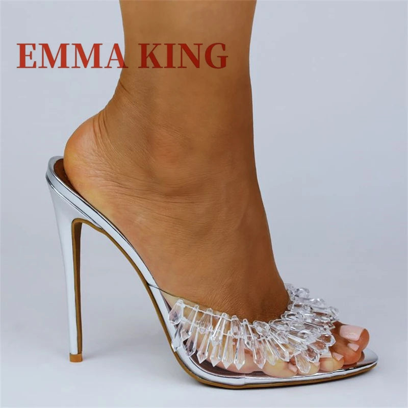 Clear PVC High Heel Beaded Open Toe Mules for Women