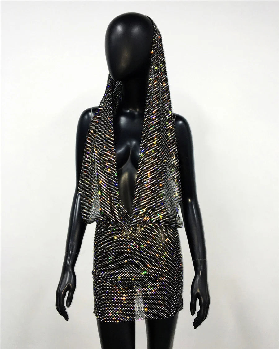 Y2K Rhinestone Sheer Mesh Festival Mini Dress for Women
