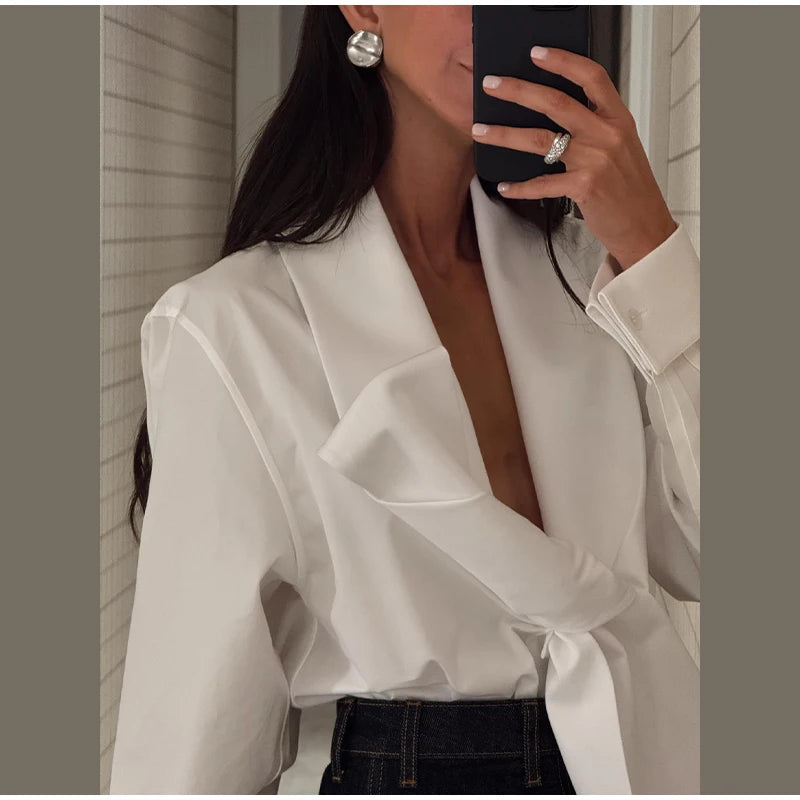 Elegant Bow Detail Pleated Long Sleeve V Neck Blouse for Women