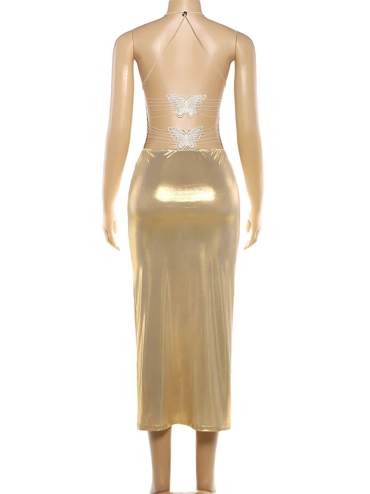 Nibber 2026 Spring New Style Long Dress Woman Low-Neck Cross Butterfly Bandage Backless Vacation Sexy Gold Beach Style Vestidos