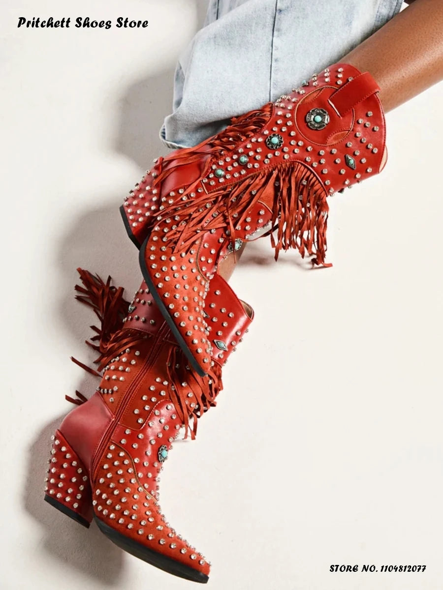 Crystal Embellished Fringe Pointed Toe Leather Wedge Boots for Women