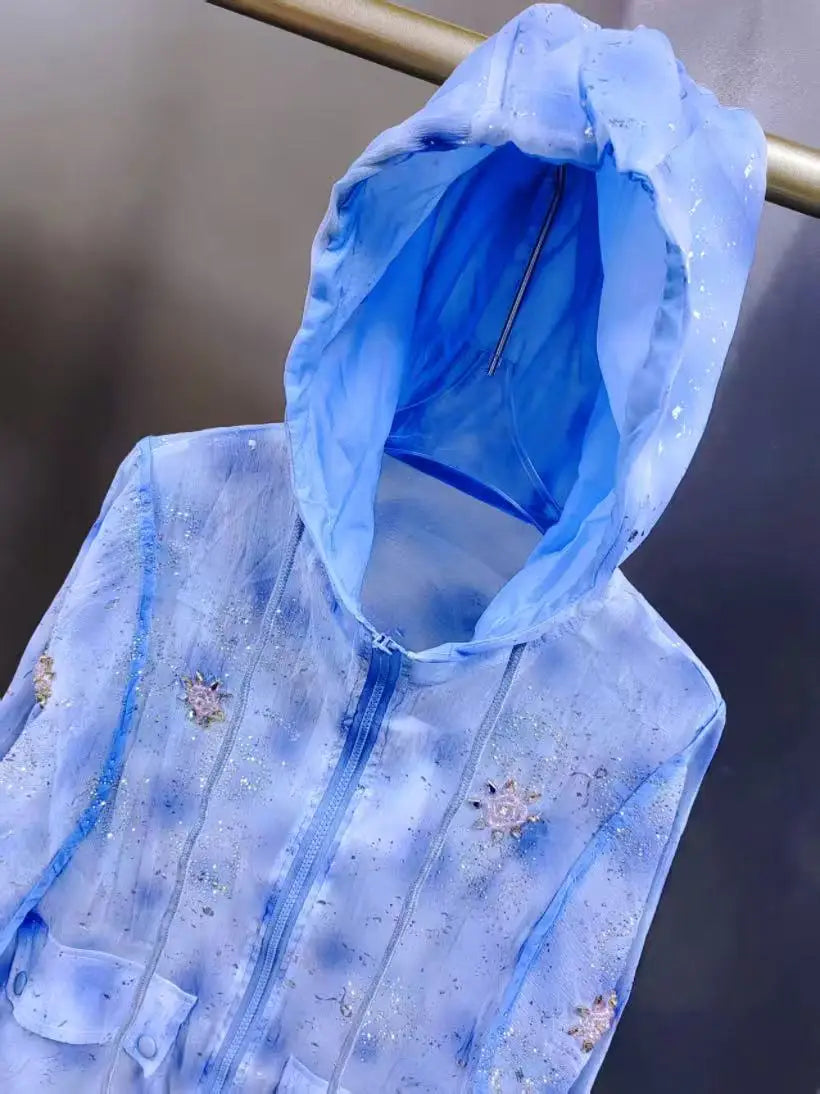 Blue Embellished Hooded Zipper Lightweight Shirt for Women