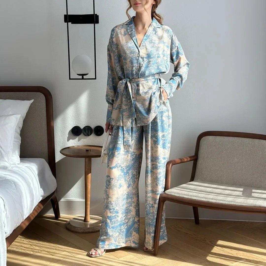 Elegant Print Two Piece Set With Long Sleeve Shirt And Wide Leg Pants for Women