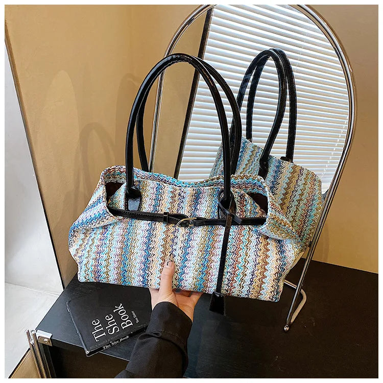 Large capacity rainbow woven tote bag, women's new versatile commuting beach bag, shoulder bag