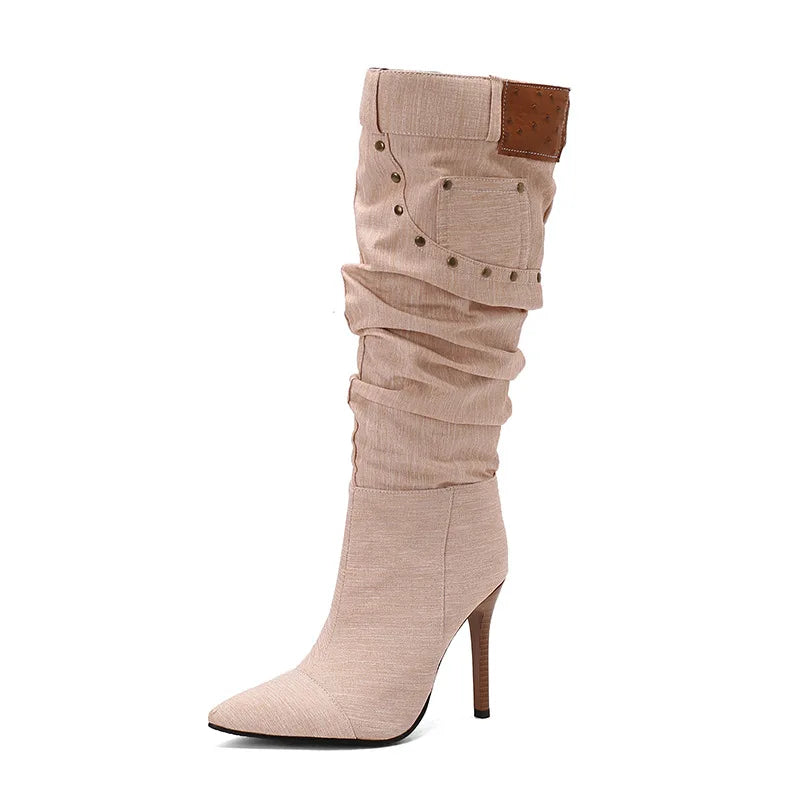 Fashion Knee High Pointed Pleated Denim Boots With Stiletto Heels For Women