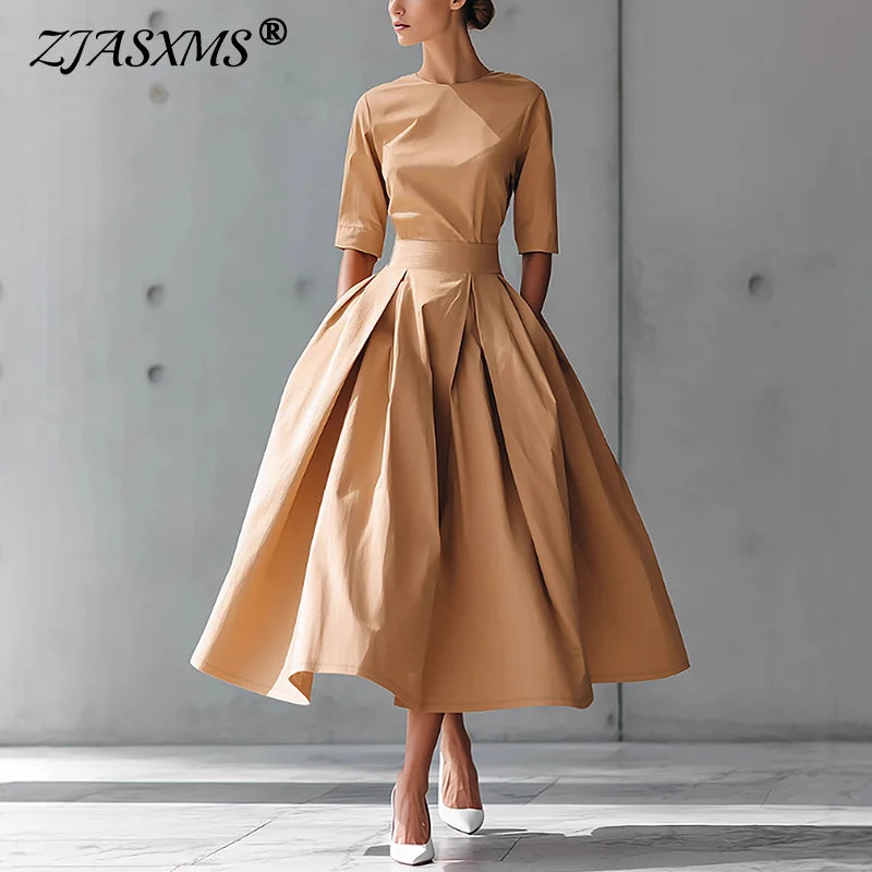 2026 Spring New O Neck Swing Long Party Dress Woman Casual Solid High Waist Pocket Pleated Dress Fall 3/4 Sleeve Boho Maxi Dress