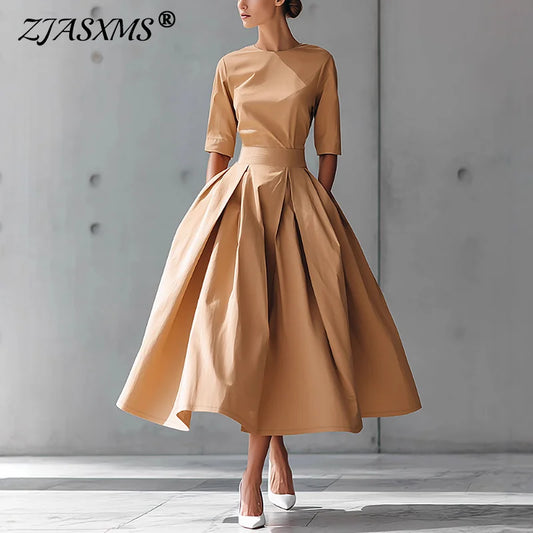 2026 Spring New O Neck Swing Long Party Dress Woman Casual Solid High Waist Pocket Pleated Dress Fall 3/4 Sleeve Boho Maxi Dress