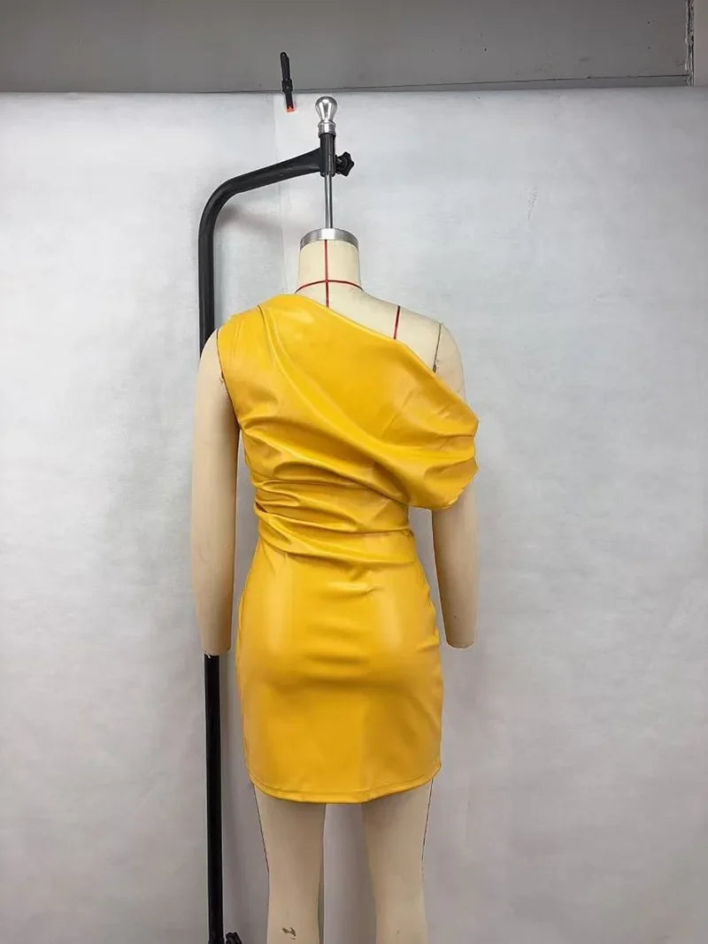 Elegant Inclined Shoulder Pu Leather Ruched Bodycon Mini Dress for Women