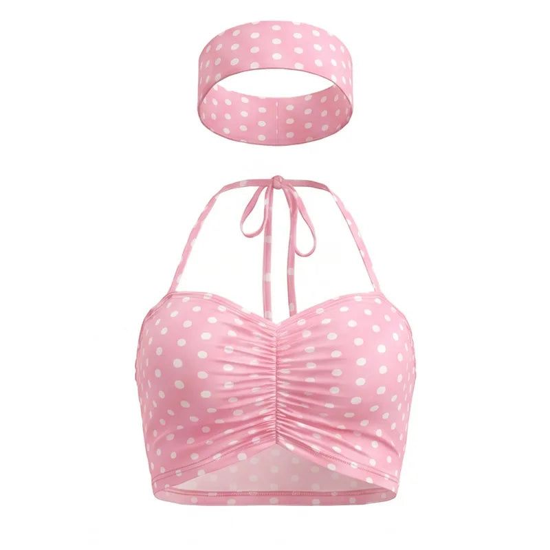 Polka Dot Two Piece Set with Halter Crop Top and Shorts for Women