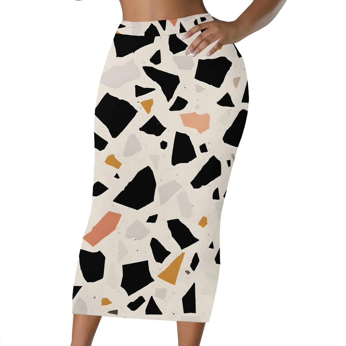 Black And White Abstract Print High Waist Midi Skirt for Women