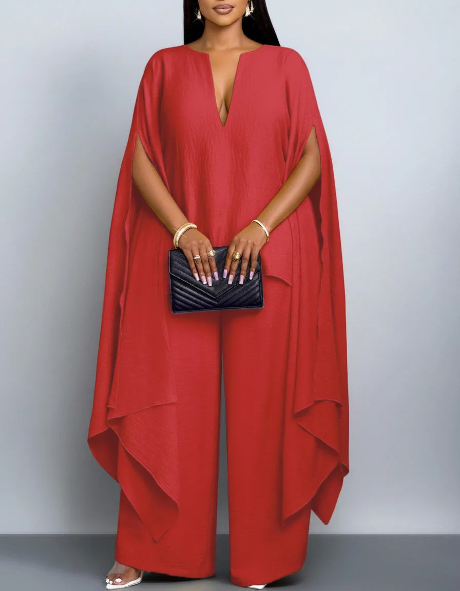 Women's Plus Size V Neck Split Cape Sleeve Loose Top Wide Leg Long Pants Set For Banquet Event Formal Daily Fashion Occasions