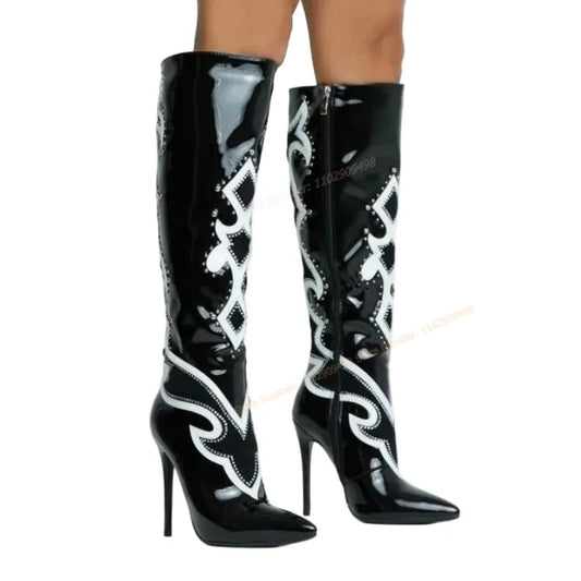 Black Rivet Decor Knee High Boots Patent Leather Pointed Toe Shoes for Women Thin High Heels Sexy Shoes 2024 Zapatos Para Mujere