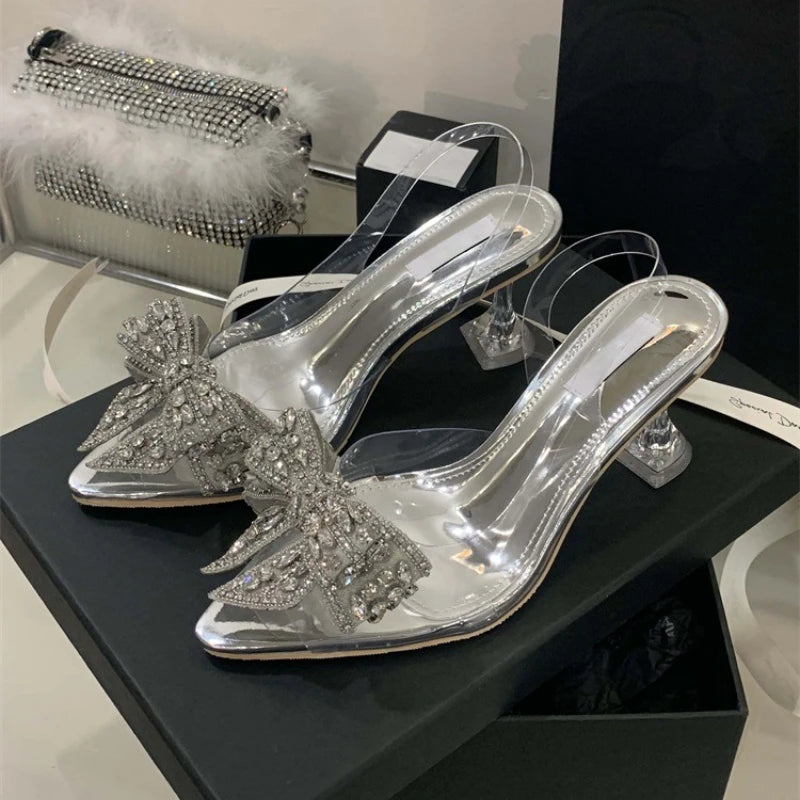 Glam Crystal Bow Pointed Toe Slingback Pumps for Women