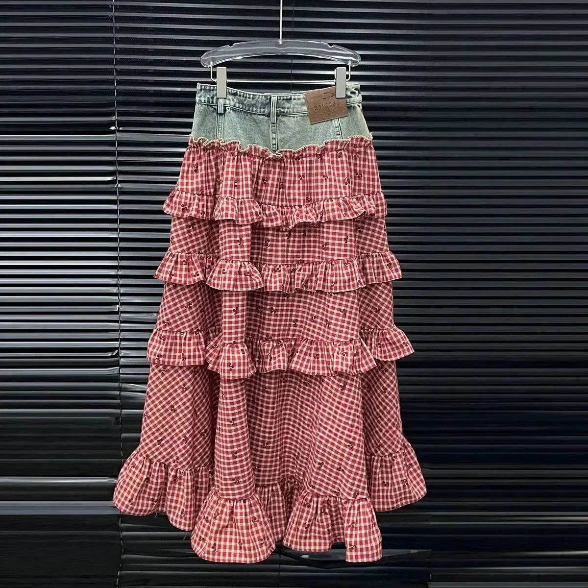 ANJY Spring Summer New Women Fashion Vintage Plaid Patchwork Denim Multi-layered Skirt Sweet Drawstring Short Sleeve Tops A24530