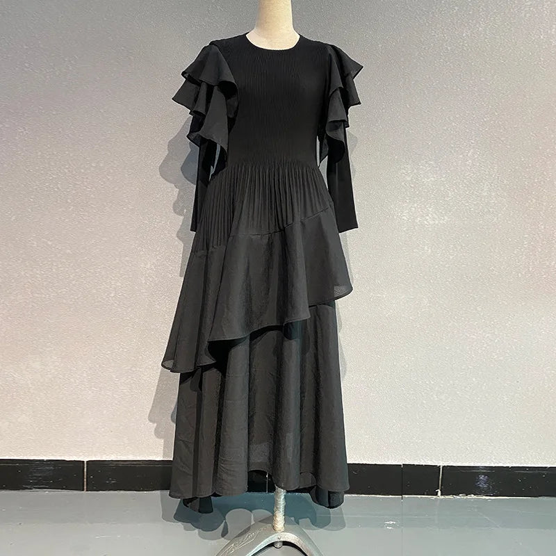 Pleated Tiered Long Sleeve Maxi Dress