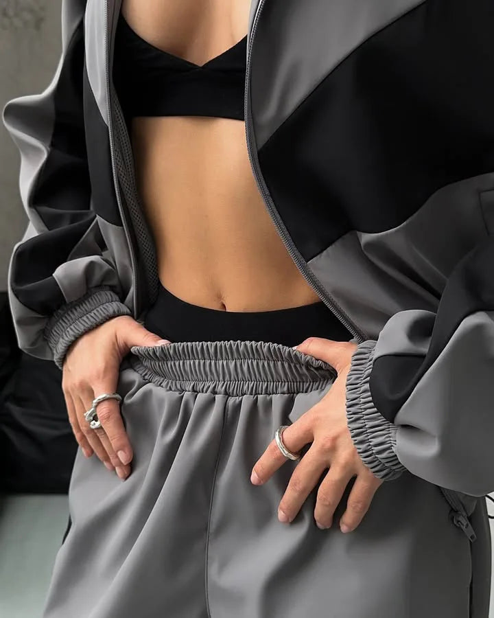Casual Contrast Color Zipper Tracksuit Set for Women