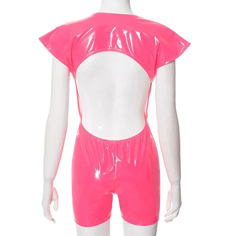 Sexy Polyurethane Leather Jumpsuit With Front Zip for Women