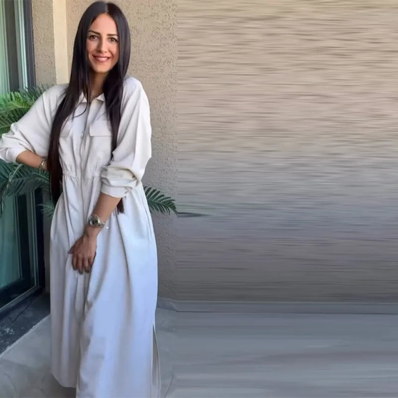 Women's Fashion Zipper Waist Long Dress Casual Solid Laple Full Sleeve A-line Long Robe Lady 2025 Autumn Chic Loose Streetwear