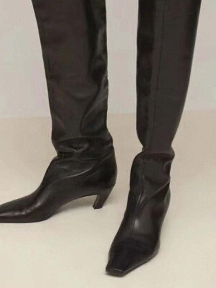 Square Toe Leather Knee High Boots With Zip Closure For Women