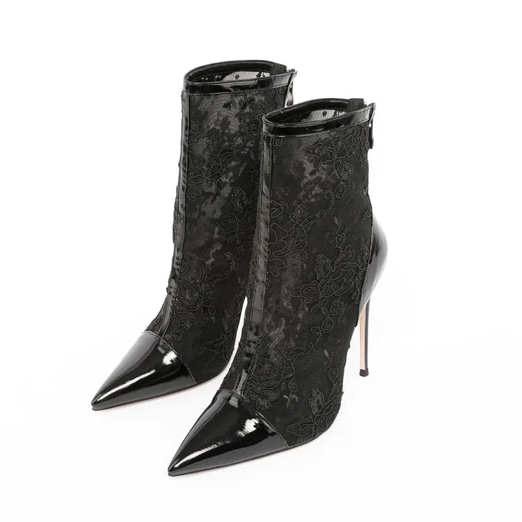 Elegant Black Mesh Stiletto Ankle Boots With Pointy Toe Rear Zipper For Women