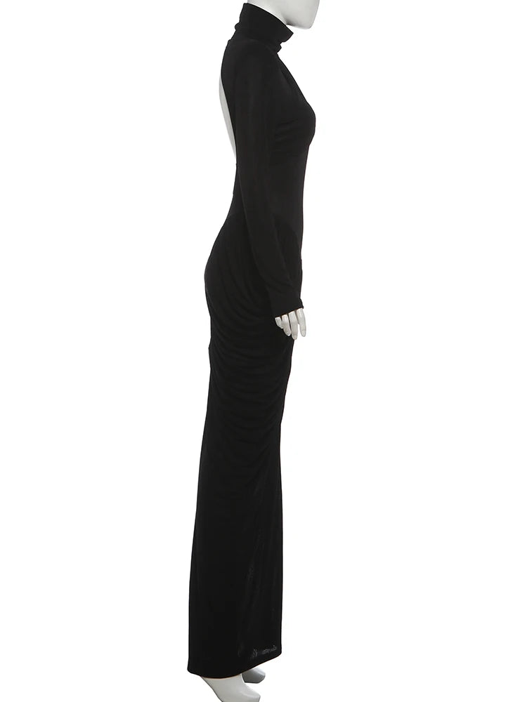 Elegant Ruched Backless Turtleneck Maxi Dress for Women