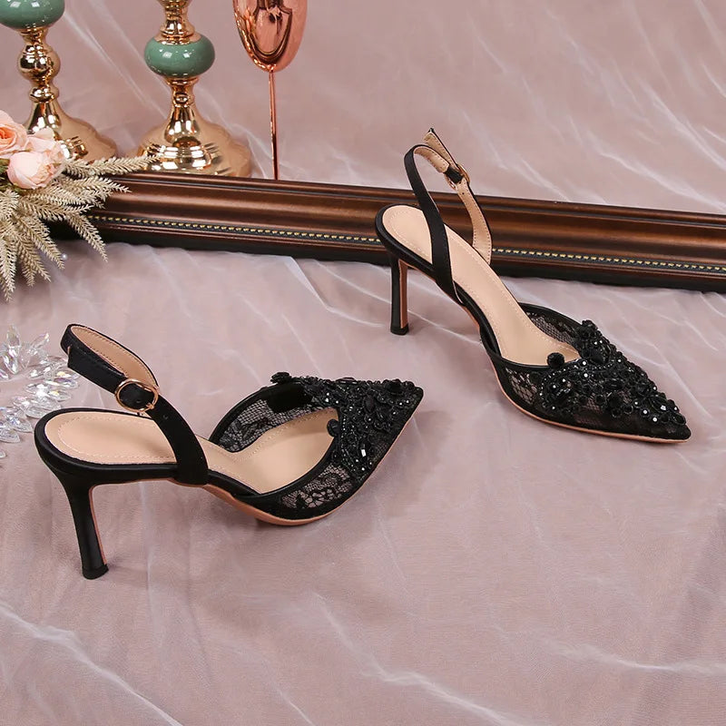 Lace Pearl Beaded Pointed Toe Stiletto Heels for Women