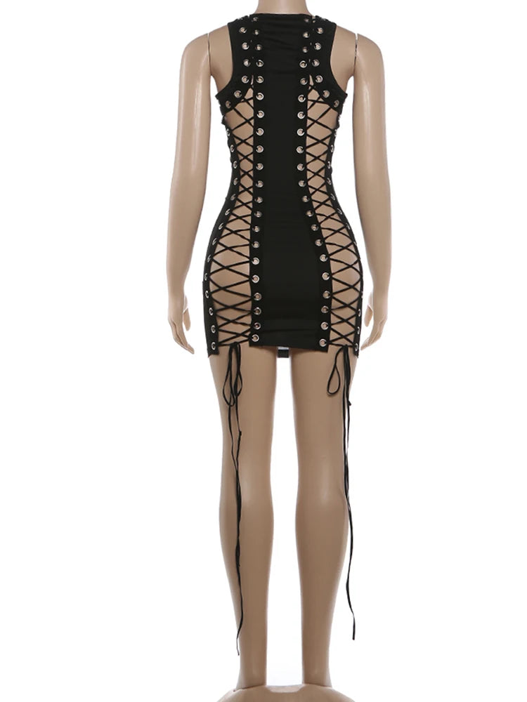 Sexy O-Neck Hollow Out Mini Dress with Metal Ring Cross Detailing for Women