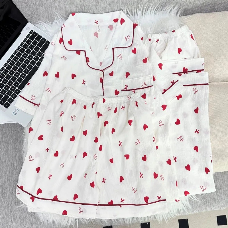 Korean Cute Heart Bow Print Pajamas Set Women 3 Piece Summer Soft Harajuku Style Homewear Sweet Love Pattern PJ Loungewear