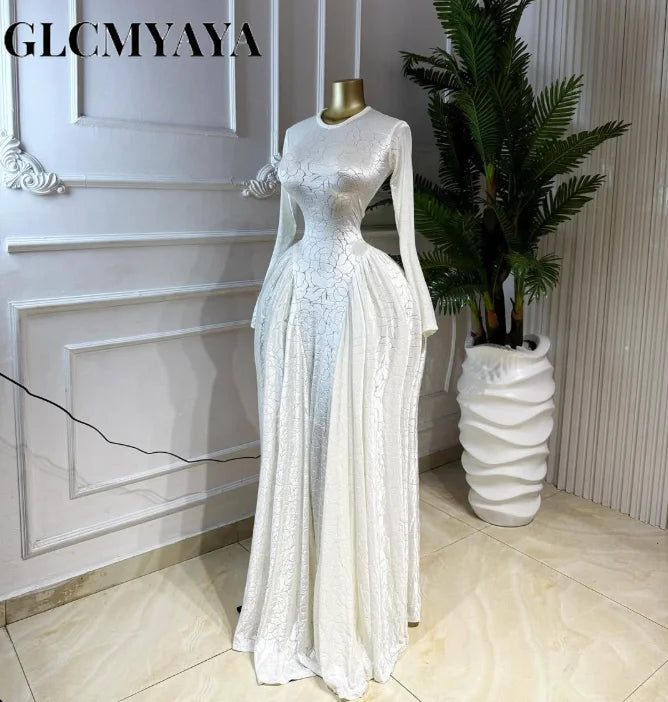 Elegant Pleated O Neck Long Sleeve Maxi Dress For Women