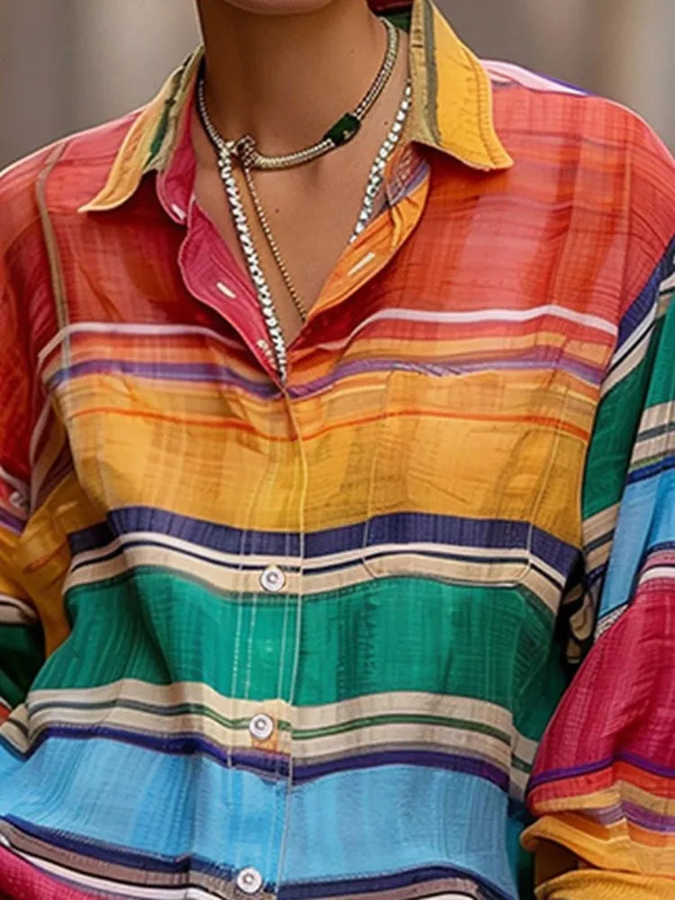 Bonboho Women Colorful Rainbow Stripe Button Down Shirt Lapel Collar Drop Shoulder Loose Long Sleeve Blouse With Chest Pocket