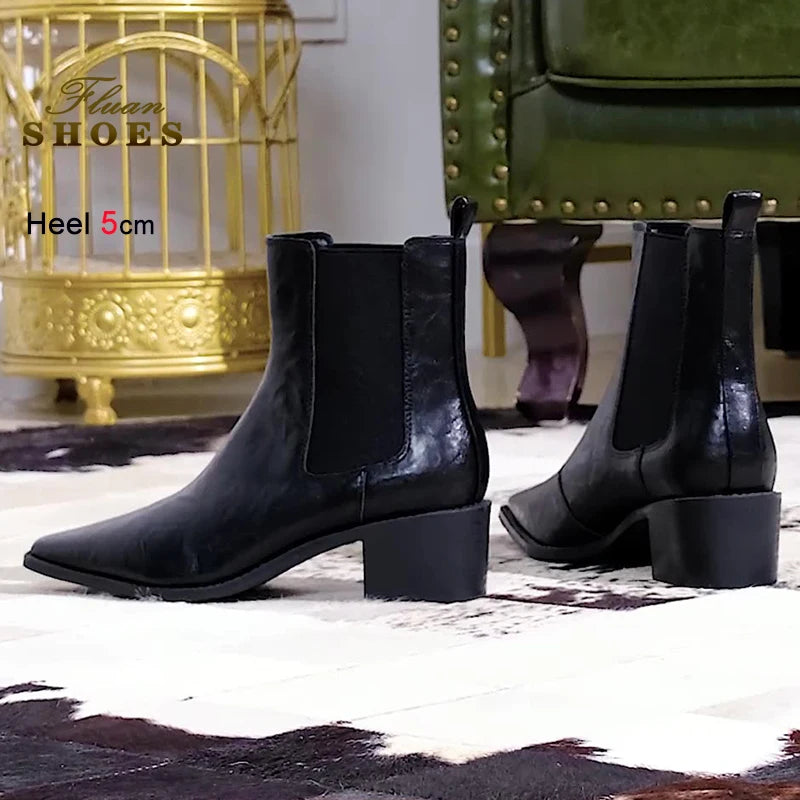 Black Pointed Toe Block Heel Ankle Boots