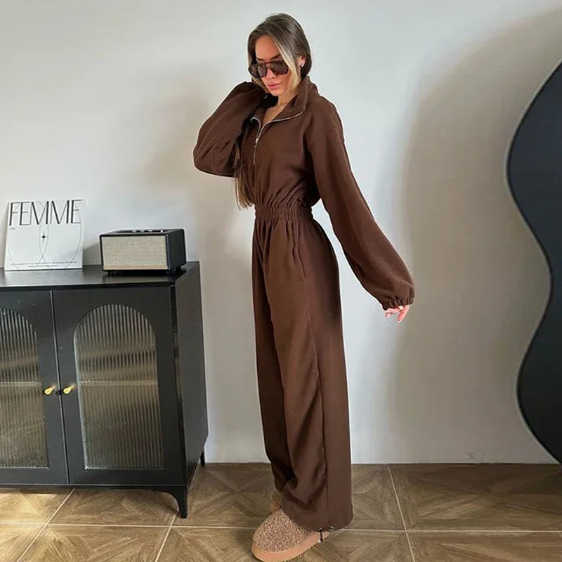 Casual Brown Stand Collar Long Sleeve Jumpsuit for Women