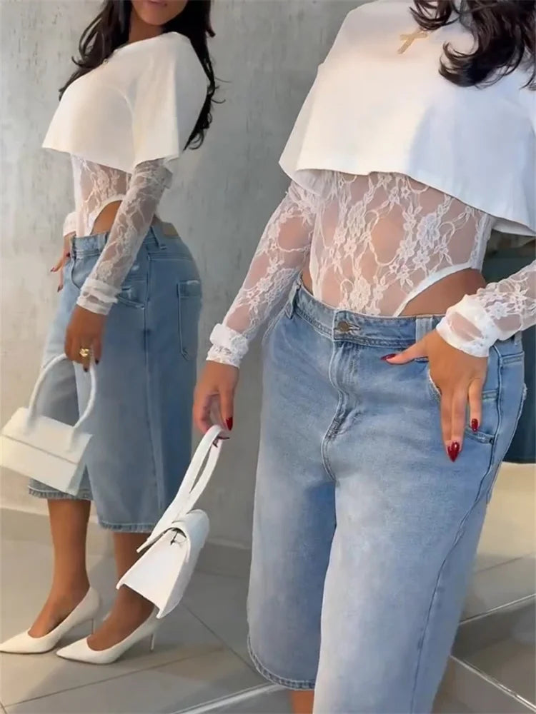 Weird Puss Sexy Women Crop Top+Lace Jacquard Full Sleeve Bodysuit Hottie Street Clubwear Slim Wild Matching Basic Skinny Tees