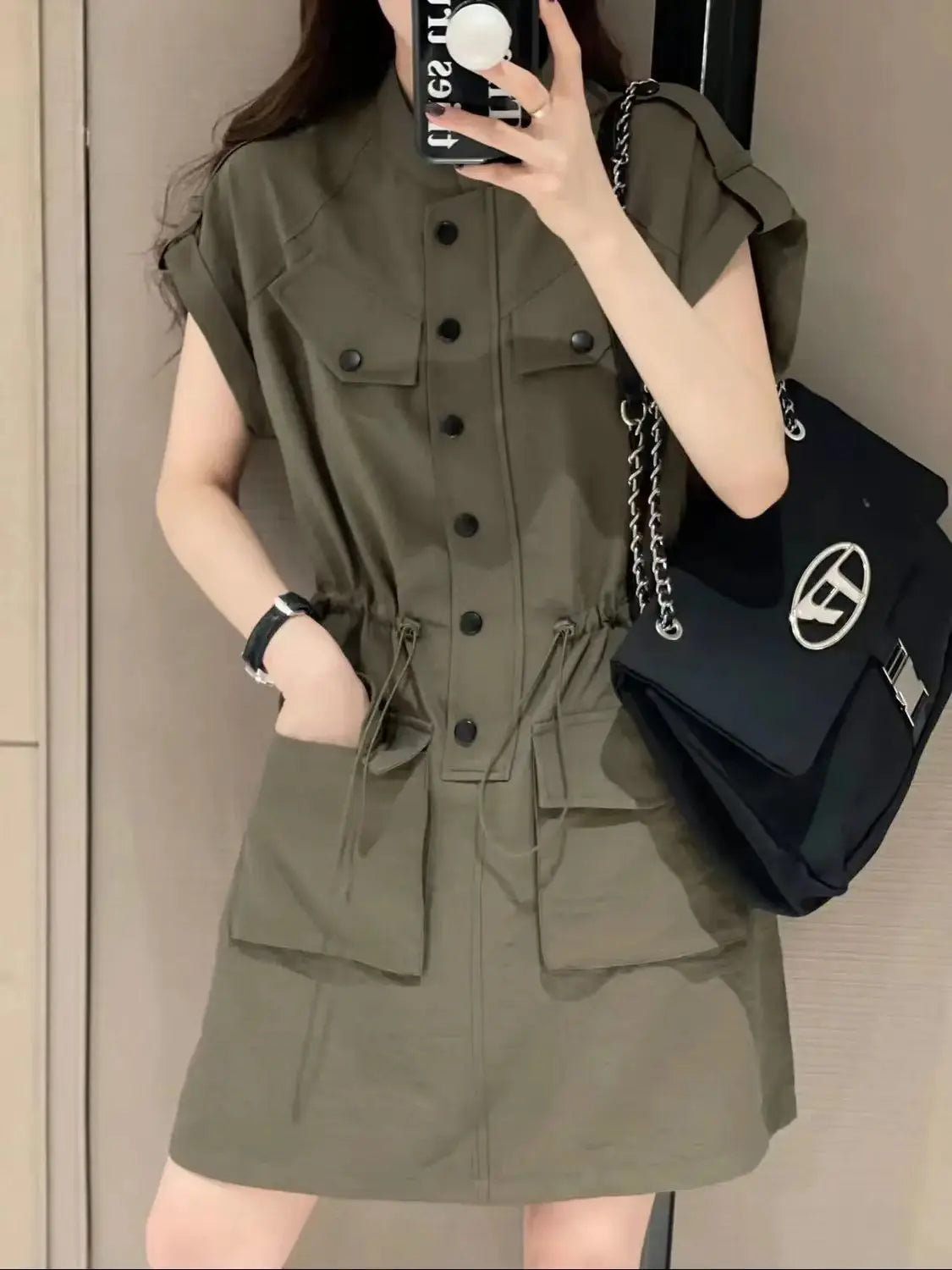European Retro Stand Collar Drawstring Midi Dress for Women