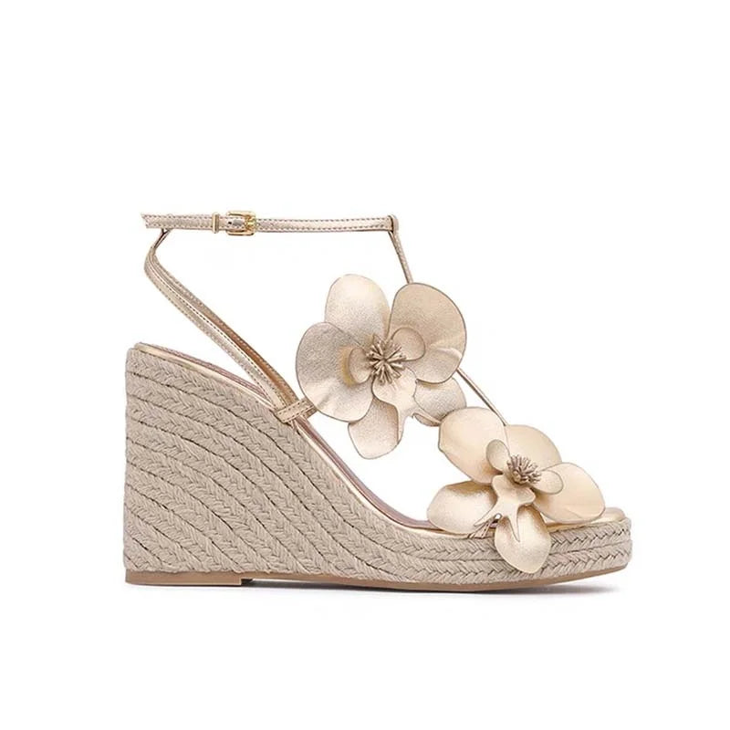 Gold Flower Woven High Heel Sandals