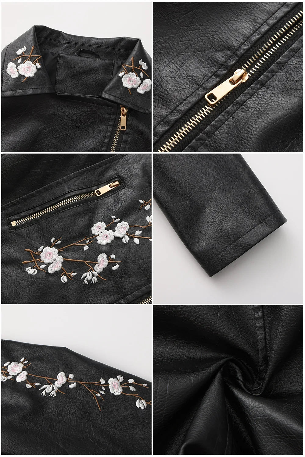 Embroidered Faux Leather Motorcycle Jacket for Women