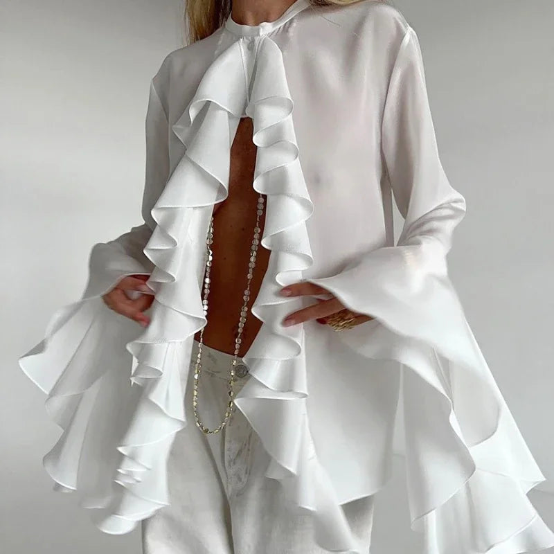 Elegant Blouses Women Fashion Sexy Hot Girl Ruffle Long Sleeve Shirt New Style Temperament Cardigan Top Y2k 2025 Summer New