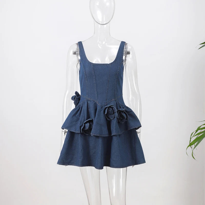 Chic Summer 3d Floral Denim Mini Dress Vintage A Line Halter High Street Sling Dress Vesidos Fashion New Lady Clothing Dress