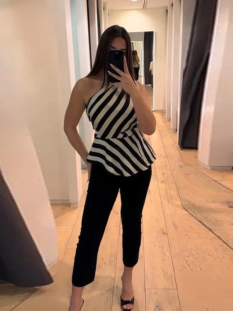 One Shoulder Striped Pleated Top With Backless Cut for Women
