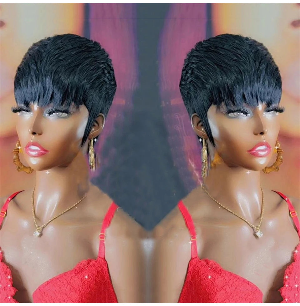 Short Layered Pixie Cut Human Hair Wig With Bangs for Women