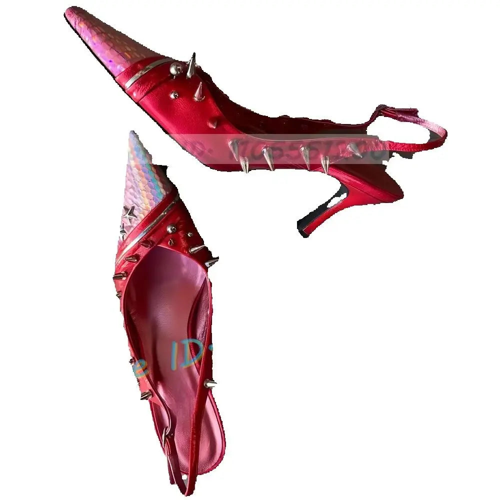 Colorful Fish Print Pointed Red Patent Leather Sandals for Women